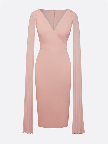 Light Pink Pleated Classic V Neck Sleeveless Sheath Midi Dress