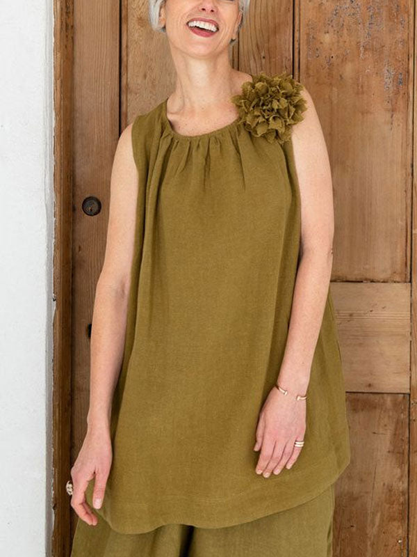 Pleated Cotton Linen Sleeveless Women's Suit