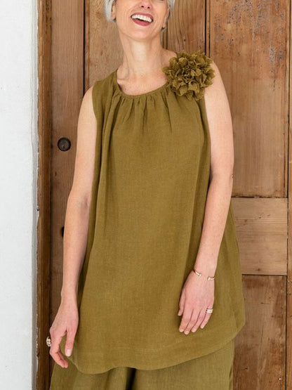Pleated Cotton Linen Sleeveless Women's Suit
