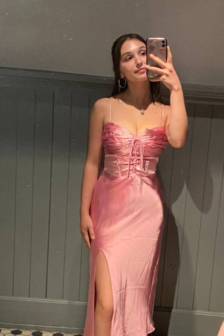 Pink Fashion Simple Elegant Floor Length Corset Long Satin Slit Ball Gown Evening Dress Party Dress Prom Dress gh3829