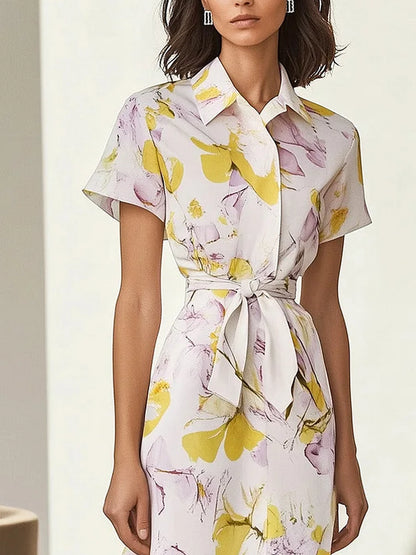 Shirt Collar Temperament Chiffon Floral Ladies Dress
