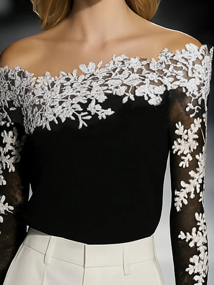 Elegant Black Off-Shoulder Lace Applique T-shirt