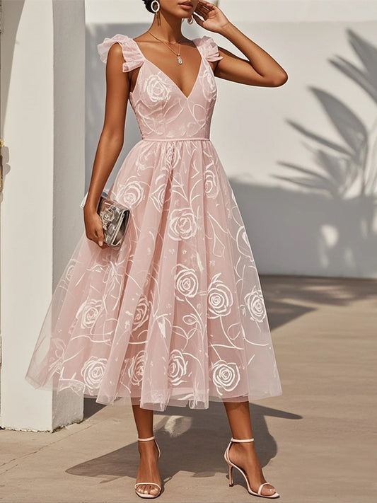 Light Pink Floral Ruffled Classic V Neck Sleeveless Ruffle Sleeve A-Line Midi Dress