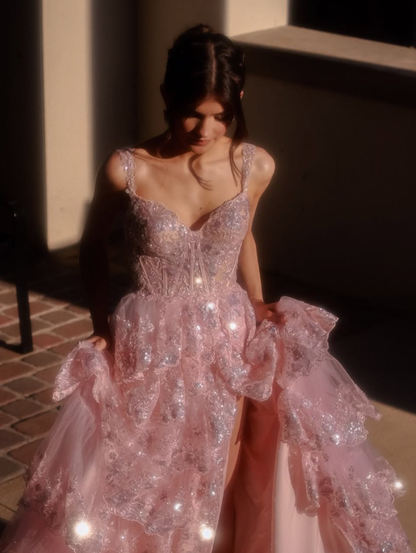 Elegant A Line Off the Shoulder Tiered Sequin Light Pink Tulle Prom Dress Evening Dress SH2385