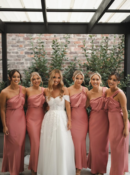 Gentle Sheath One Shoulder Pink Satin Long Bridesmaid Dress Evening Dress SH3200