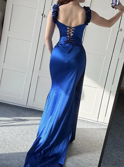 Royal Blue Mermaid Straps Corset Pleated Satin Long Prom Dress Evening Dress SH3544