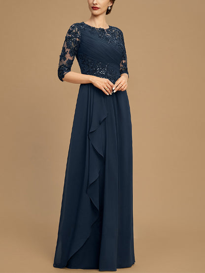 Round Neck Lace Solid Color Mesh Maxi Dress