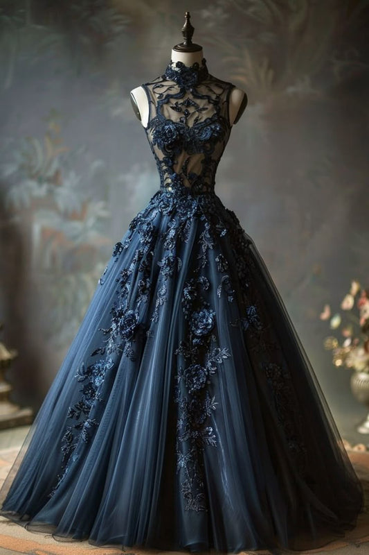 Elegant A Line High Neck Appliques Navy Blue Tulle Prom Dress Evening Dress SH2412