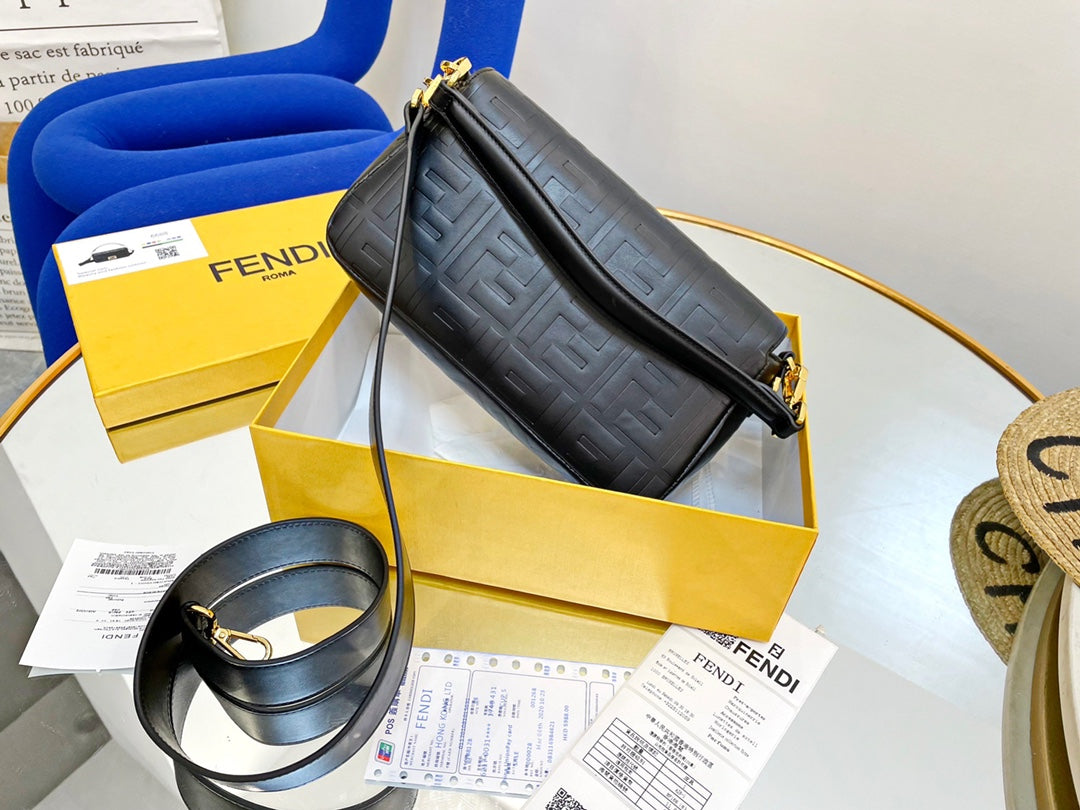 FENDI  Nappa FF 1974 Embossed Mini Baguette Black Sold Out