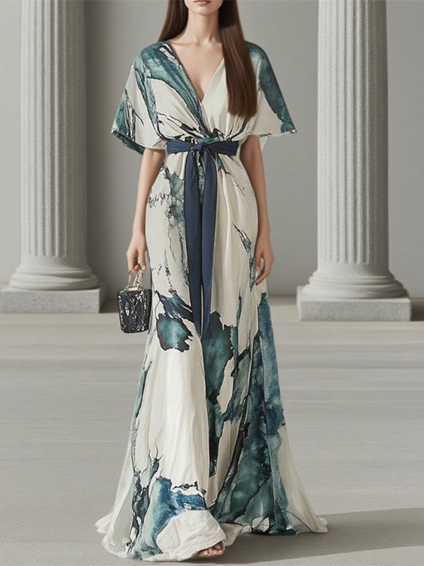 White V-neck Short Sleeves With Print Maxi Dress