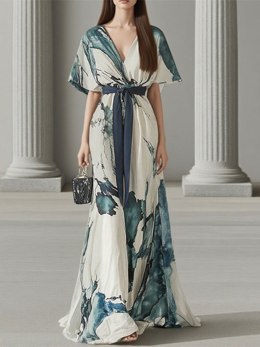 White V-neck Short Sleeves With Print Maxi Dress