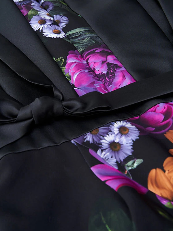 Black One Shoulder Satin Sleeveless Printed Jumpsuit