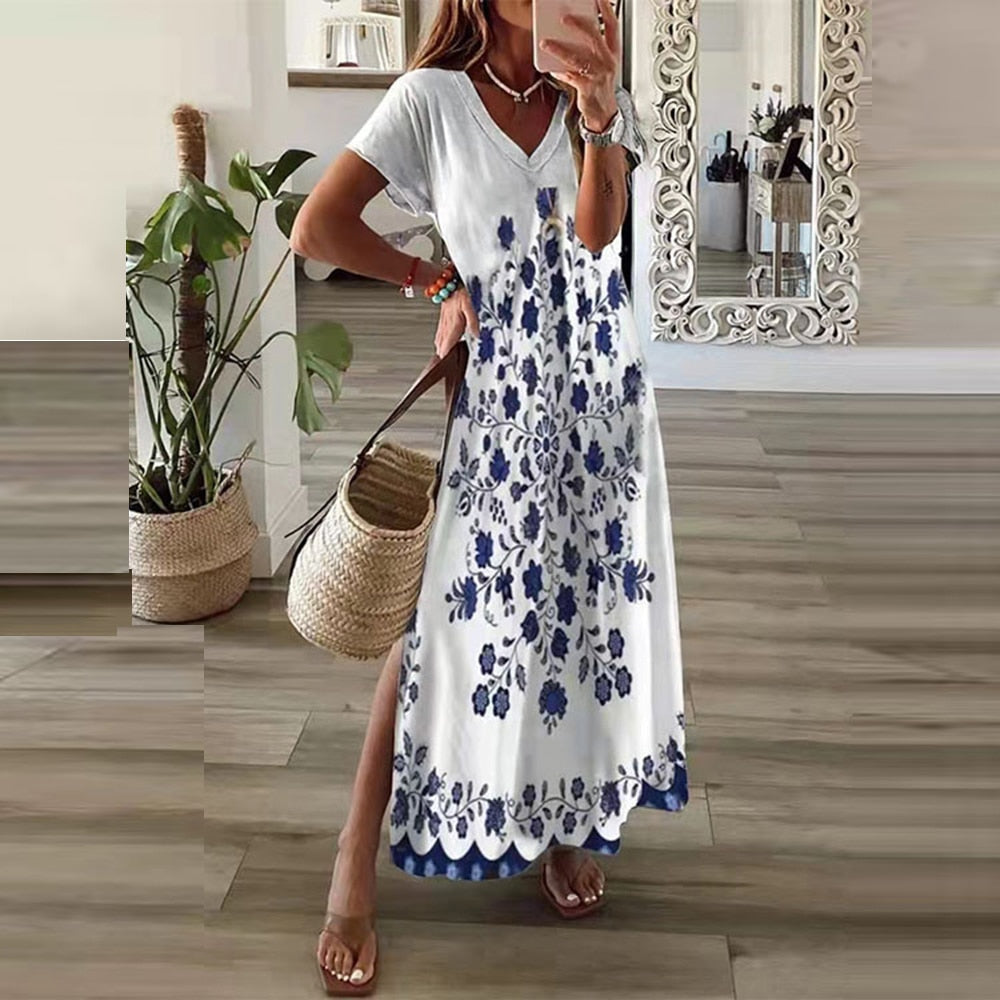 loveedsTM- Vintage Print Maxi Dress Women 2024 Summer Elegant V Neck Short Sleeve Loose Split Casual Dress Female Party Boho Beach Vestidos