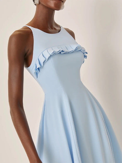 Light Blue Peplum Classic Spaghetti Sleeveless A-Line Midi Dress