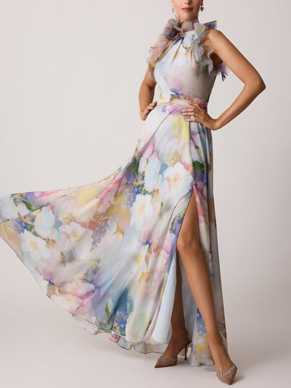 Chiffon Watercolor Organza Halter Gown