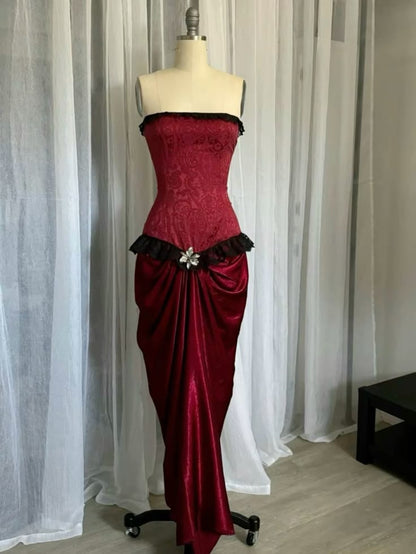 Burgundy Retro Fashion Delicate Lace Long Satin Formal Prom Dress Evening Gown gh3466