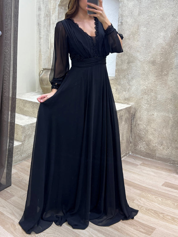 V-neck Long Sleeve Solid Color Maxi Dress
