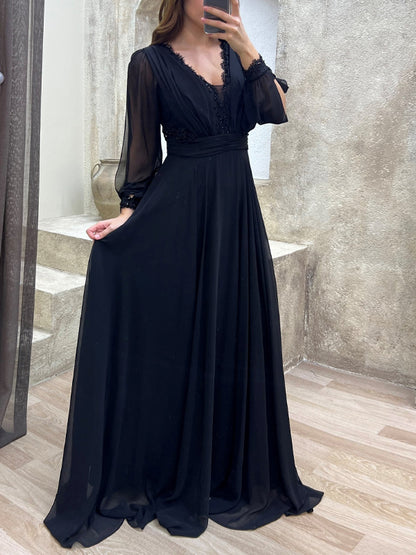 V-neck Long Sleeve Solid Color Maxi Dress