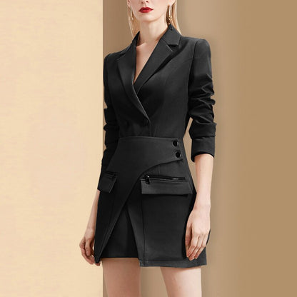 loveedsTM-Casual Khaki Two Piece Set Notched Long Sleeve Blazer High Waist Irregular Mini Skirt