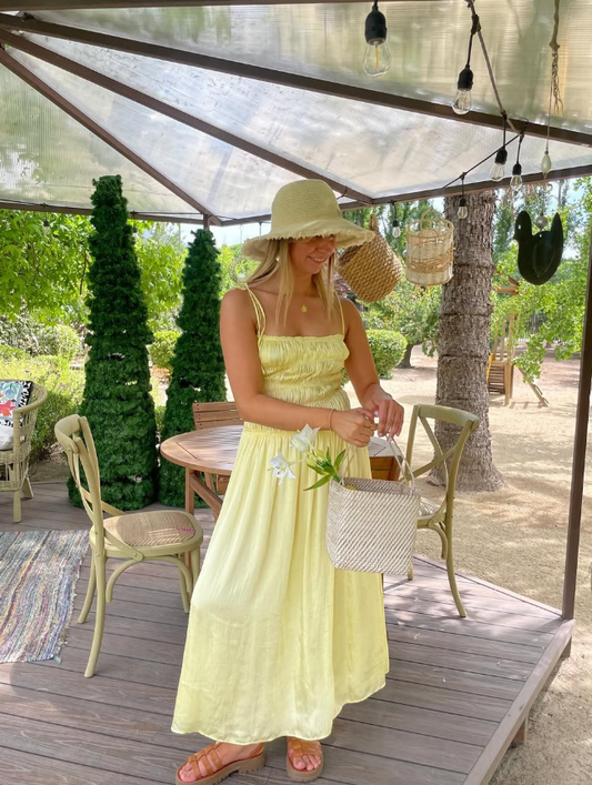 Simple A Line Spaghetti Strap Light Yellow Satin Prom Dress Evening Dress SH2313