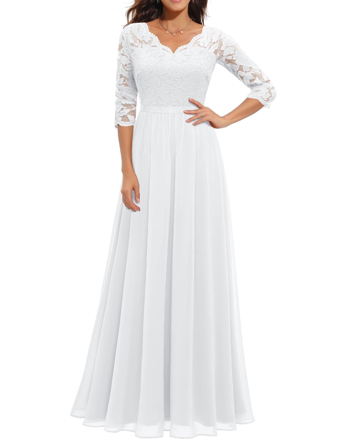 loveedsTM- Women&#39;s Elegant Vintage V Neck 3/4 Sleeve Floral Lace Chiffon Wedding Bridesmaid Maxi Dress Long Formal Dresses
