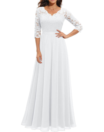 loveedsTM- Women&#39;s Elegant Vintage V Neck 3/4 Sleeve Floral Lace Chiffon Wedding Bridesmaid Maxi Dress Long Formal Dresses