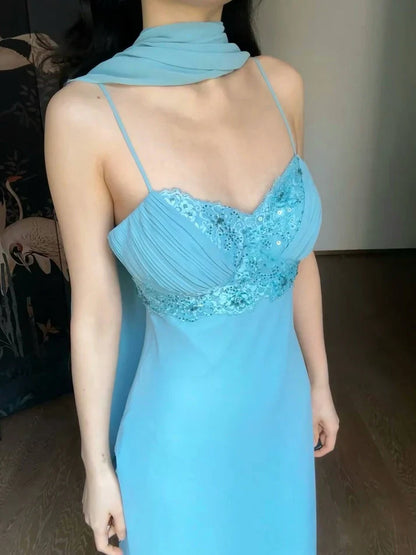 Elegant Sheath Spaghetti Strap Beaded Sequin Blue Chiffon Prom Dress Graduation Prom Dress SH2618