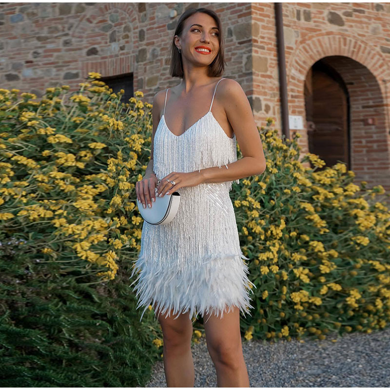 loveedsTM-Sequins Tassel Feather Spaghetti Strap Dress Women Fashion Sexy Stitching Mini Dresses Ladies Evening Party Club Elegant Dress
