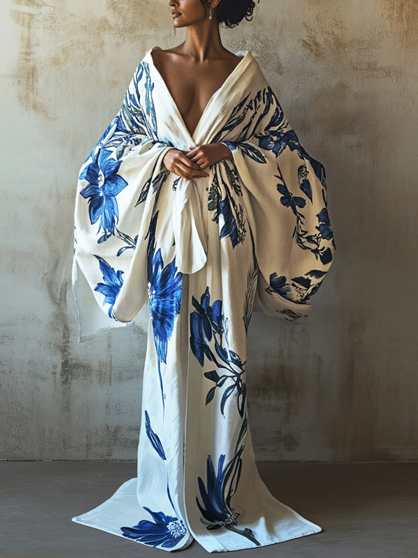 White V-neck Cotton And Linen Printed Robe Dress