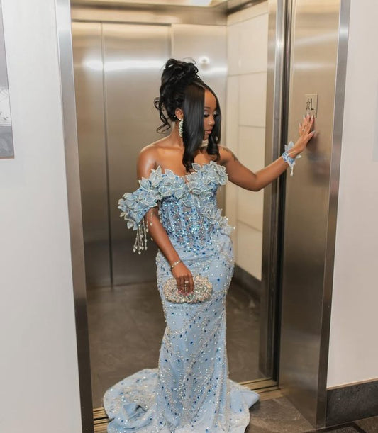 Blue Exquisite Mermaid One Shoulder Beaded Satin Long Party Dress Prom Dress Formal Dress SH3852