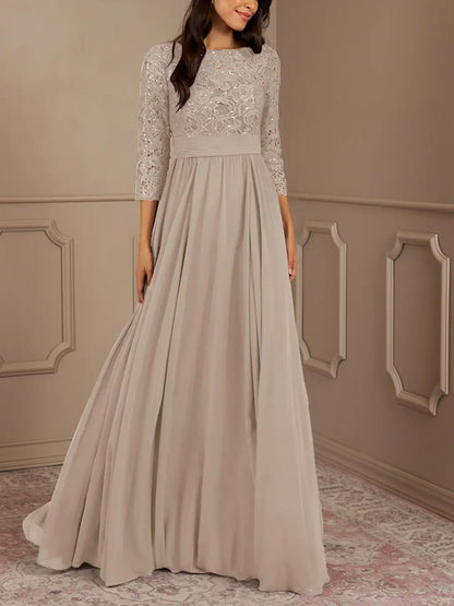 Round Neck Sequined Solid Lace Maxi Dress