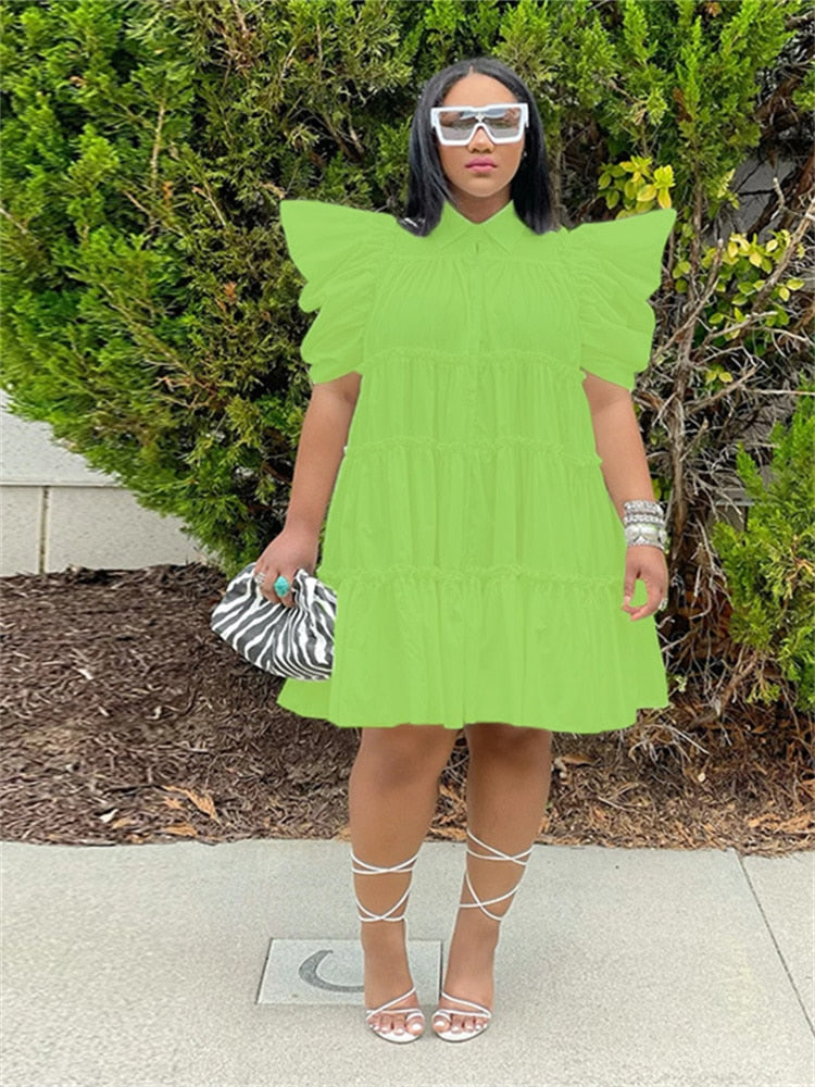 loveedsTM- Dresses for Women Solid Loose Pleated Puff Sleeve Casual Ball Gown Shirts Midi Dress S-2xl