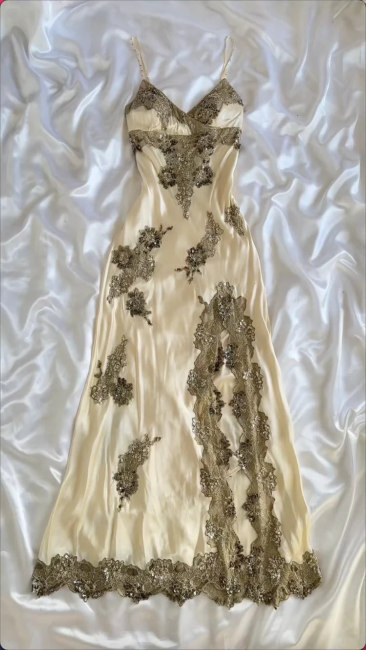 Champagne color gorgeous fashion exquisite beaded lace spaghetti strap long satin ball gown evening dress party dress gh3511