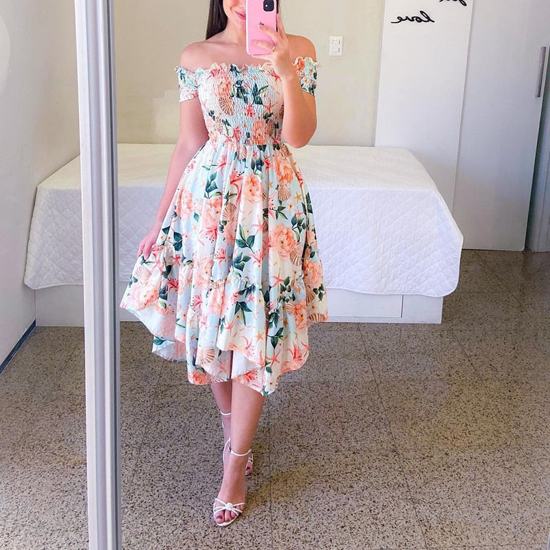 loveedsTM-Sexy Off The Shoulder Tube Top Dress Butterfly Rainbow Floral Print Dress Ladies Elegant Slim Summer Bohemian Party Maxi Dresses