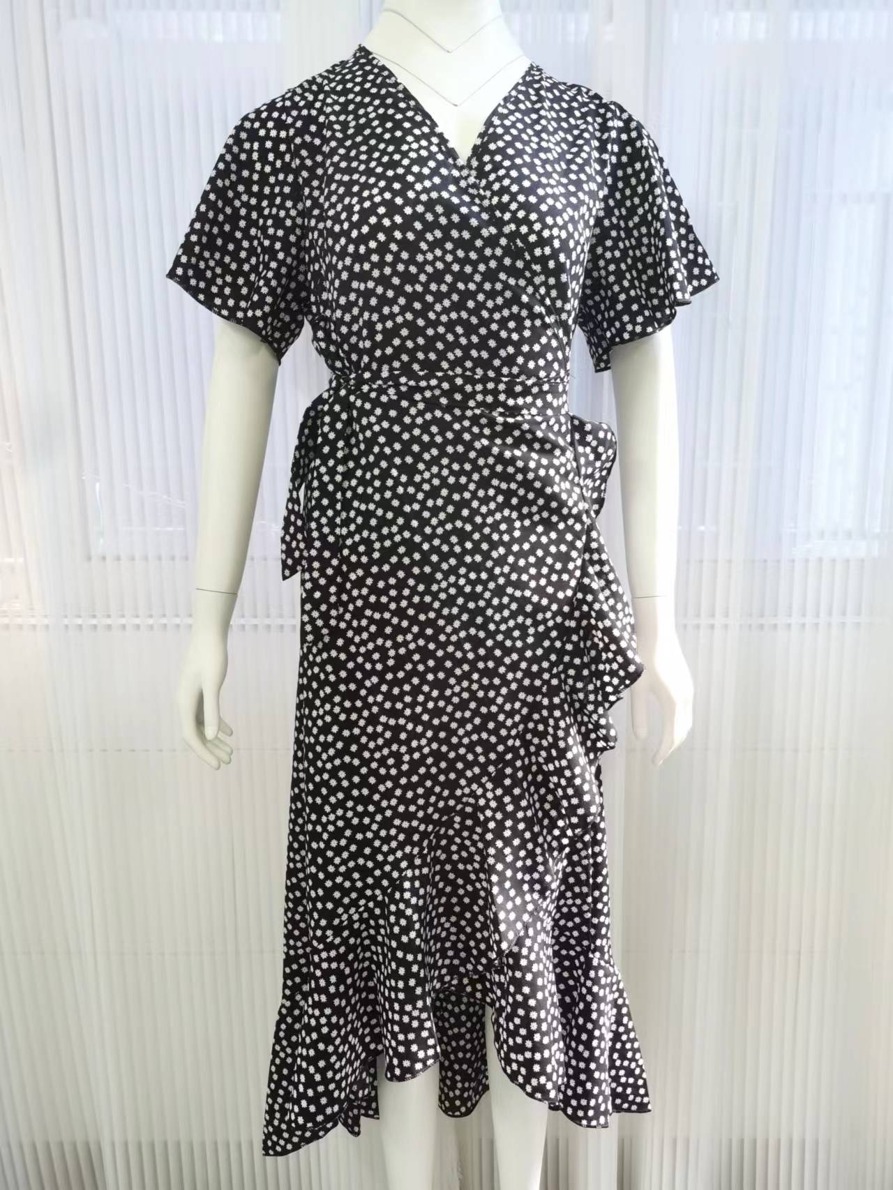 loveedsTM-Red Dot Print Boho Long Chiffon Summer Beach Elegant Midi Women's Dress Floral V-Neck Folds Ruffles Wrap Dresses Split Vestidos