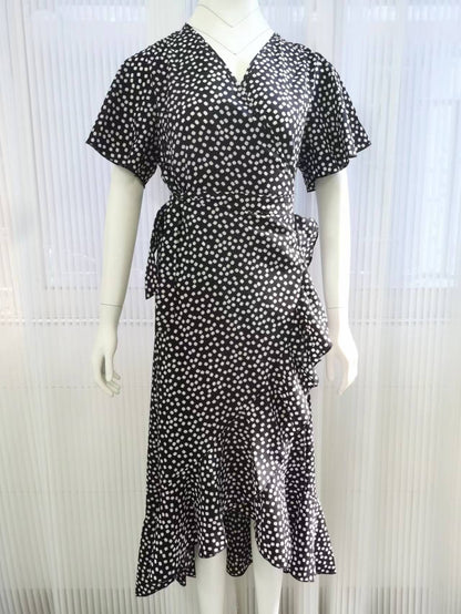 loveedsTM-Red Dot Print Boho Long Chiffon Summer Beach Elegant Midi Women's Dress Floral V-Neck Folds Ruffles Wrap Dresses Split Vestidos