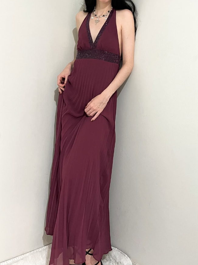 Vintage A Line Halter Beaded Chiffon Open Back Prom Dress Graduation Prom Dress SH2568