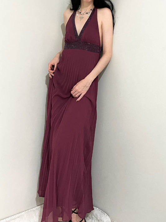 Vintage A Line Halter Beaded Chiffon Open Back Prom Dress Graduation Prom Dress SH2568