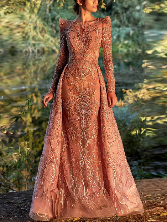 Round Neck Lace Solid Color Maxi Dress