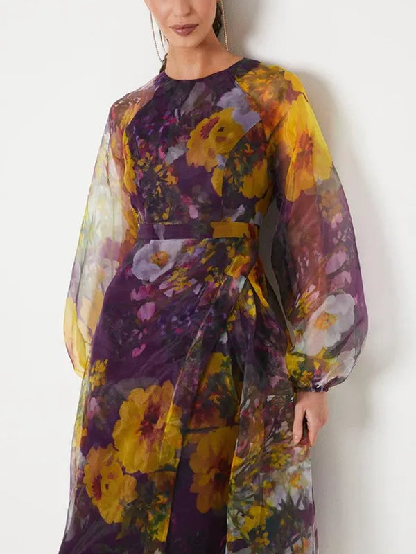 Organza Wrap Waist Puff Sleeve Midi Dress