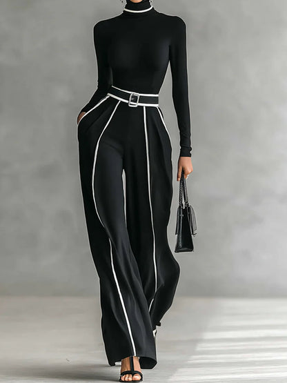 Temperament High Waist Wide Leg Ladies Two Piece Suit