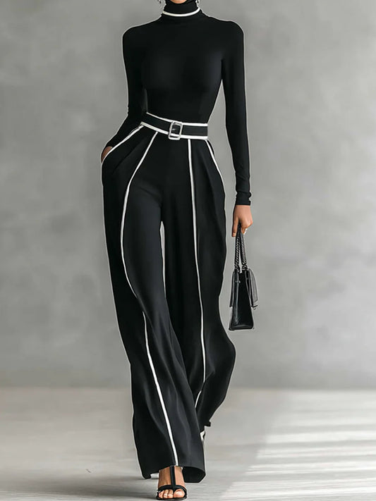 Temperament High Waist Wide Leg Ladies Two Piece Suit