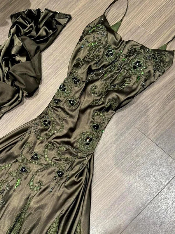 Green Vintage Fashion Gorgeous Pretty Charming Elegant Delicate Floral Beaded lace Spaghetti Straps Long Satin Ball Gown Evening Gown Party Dress Prom Gown gh3825