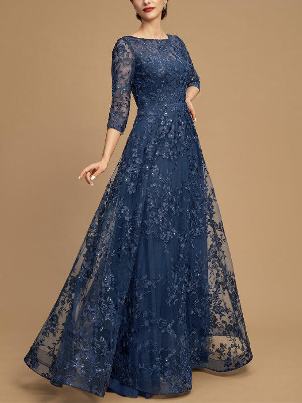 Round Neck Lace Long Sleeve Solid Color Maxi Dress