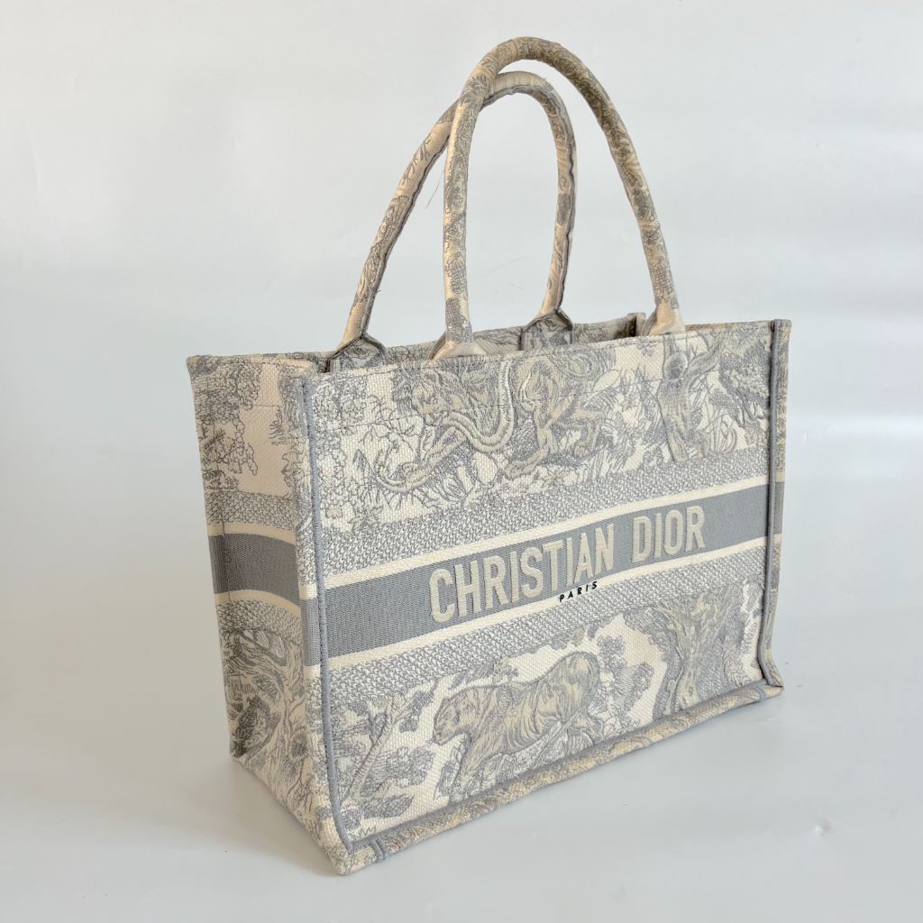 Dior Grey/White Embroidered Canvas Medium Book Tote