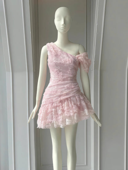 Cute Sheath One Shoulder Pink Lace Short Satin Formal Homecoming Dresses Party Graduation Dress Hoco Dresses DH2777