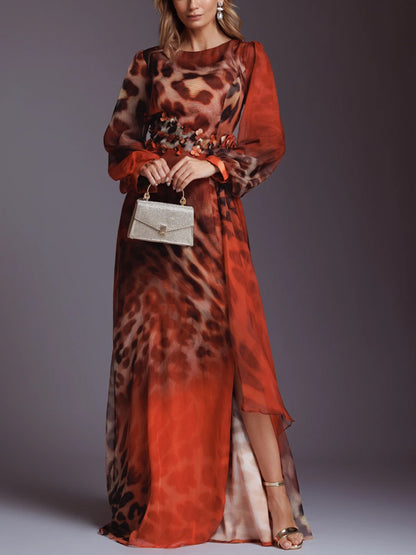 Round Neck Long Sleeves Leopard Print Maxi Dress