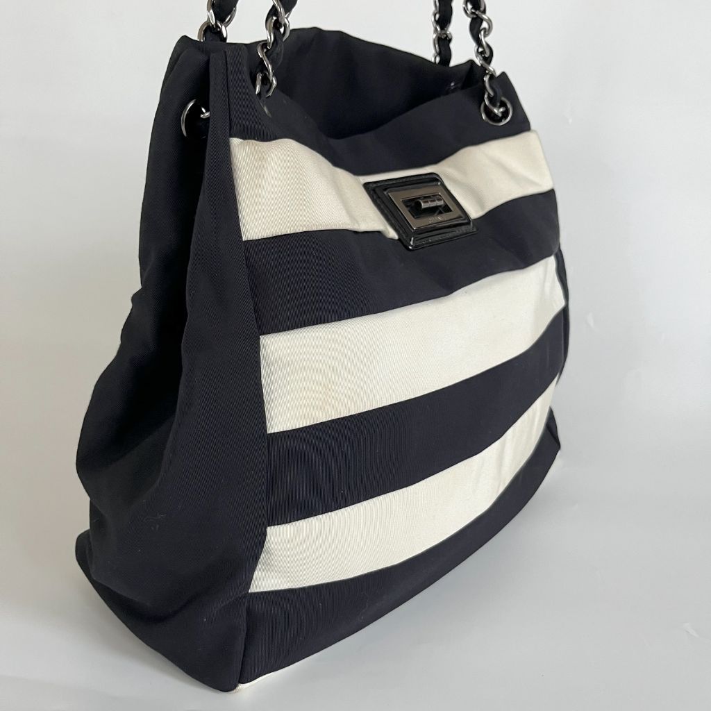 Chanel black and white ridged satin shoulder bag
