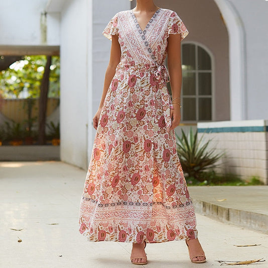 loveedsTM-Summer Vacation Holiday Dress Boho Green Printed Sashes Ruffles Bohemian Midi Dress V-Neck Irregular Short Sleeve Sundress