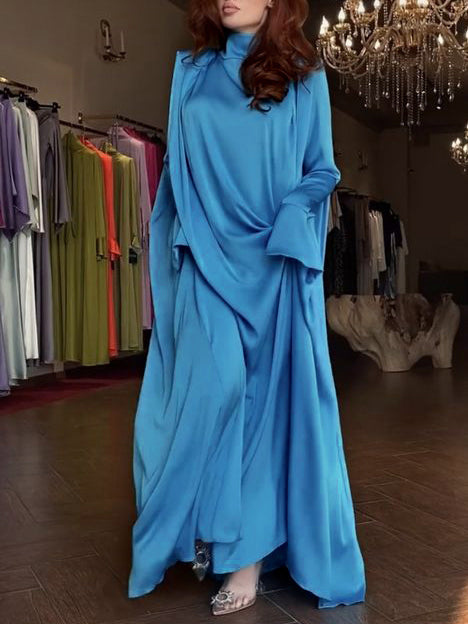 loveedsTM- Flared Sleeves Long Sleeves Solid Color High-Neck Maxi Dresses
